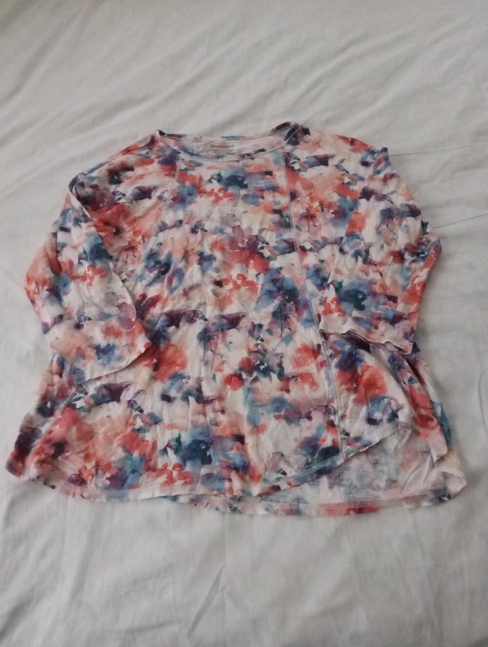 Westbound Watercolor Floral 3/4 Sleeve Top - White, Blue, Pink, Purple